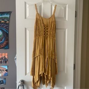 Mustard Yellow Women's Lace-Up Spaghetti Strap Dress